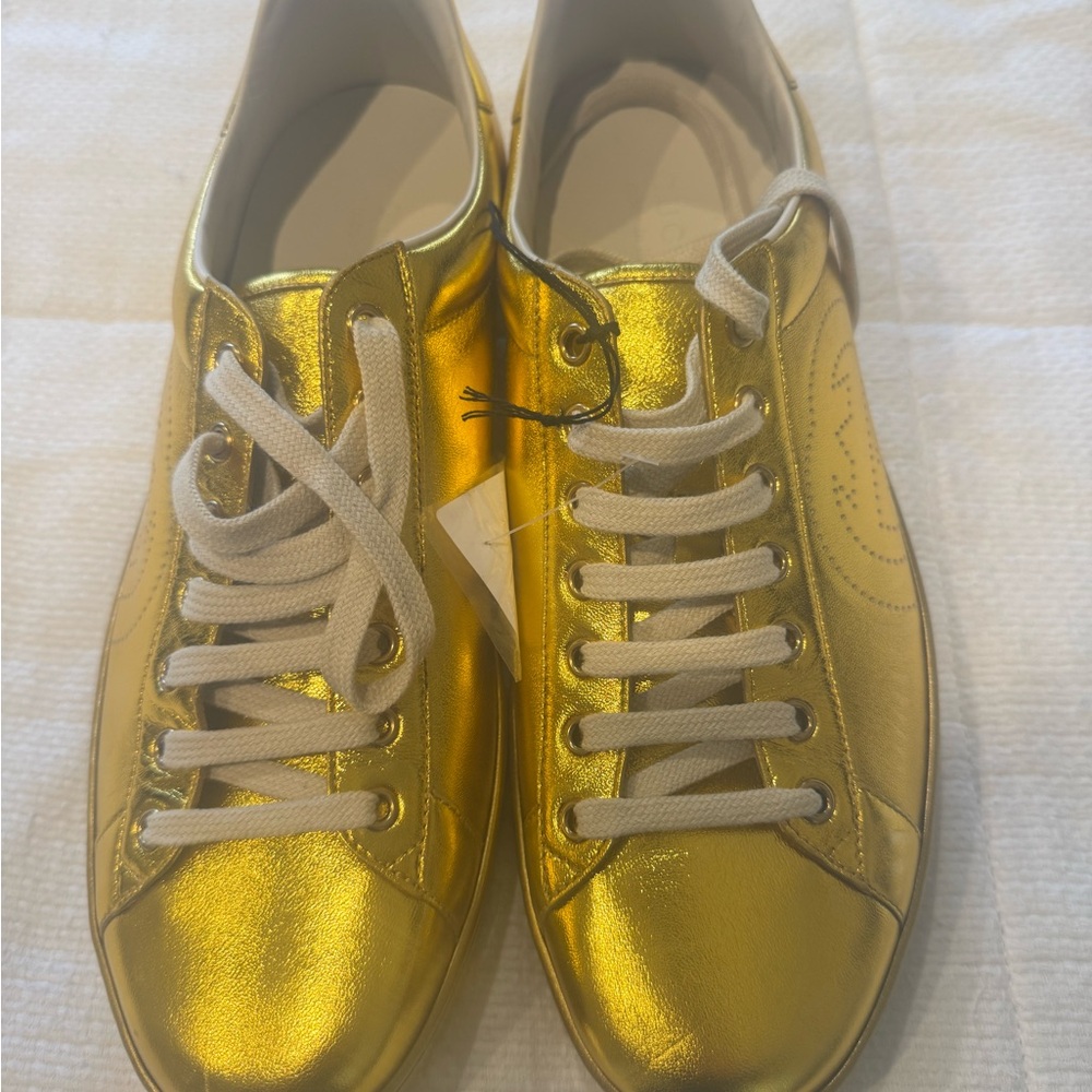 NWT Gucci Gold Men’s Silk Napa Taxon Ace Sneakers